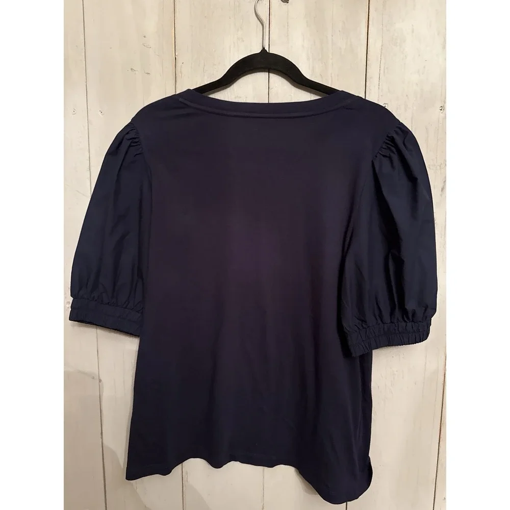 LOFT Top Blouse Mixed Media Navy Blue Puff Sleeve Knit Cotton‎ Cottagecore Sz-M